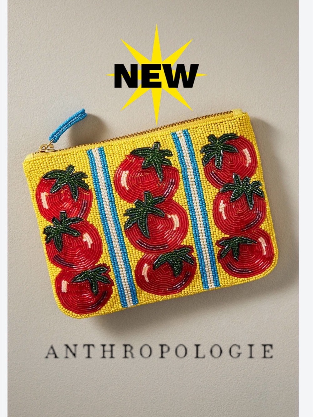 New With Tags Anthropologie beaded tomato 🍅 zipper clutch with stripes Maeve